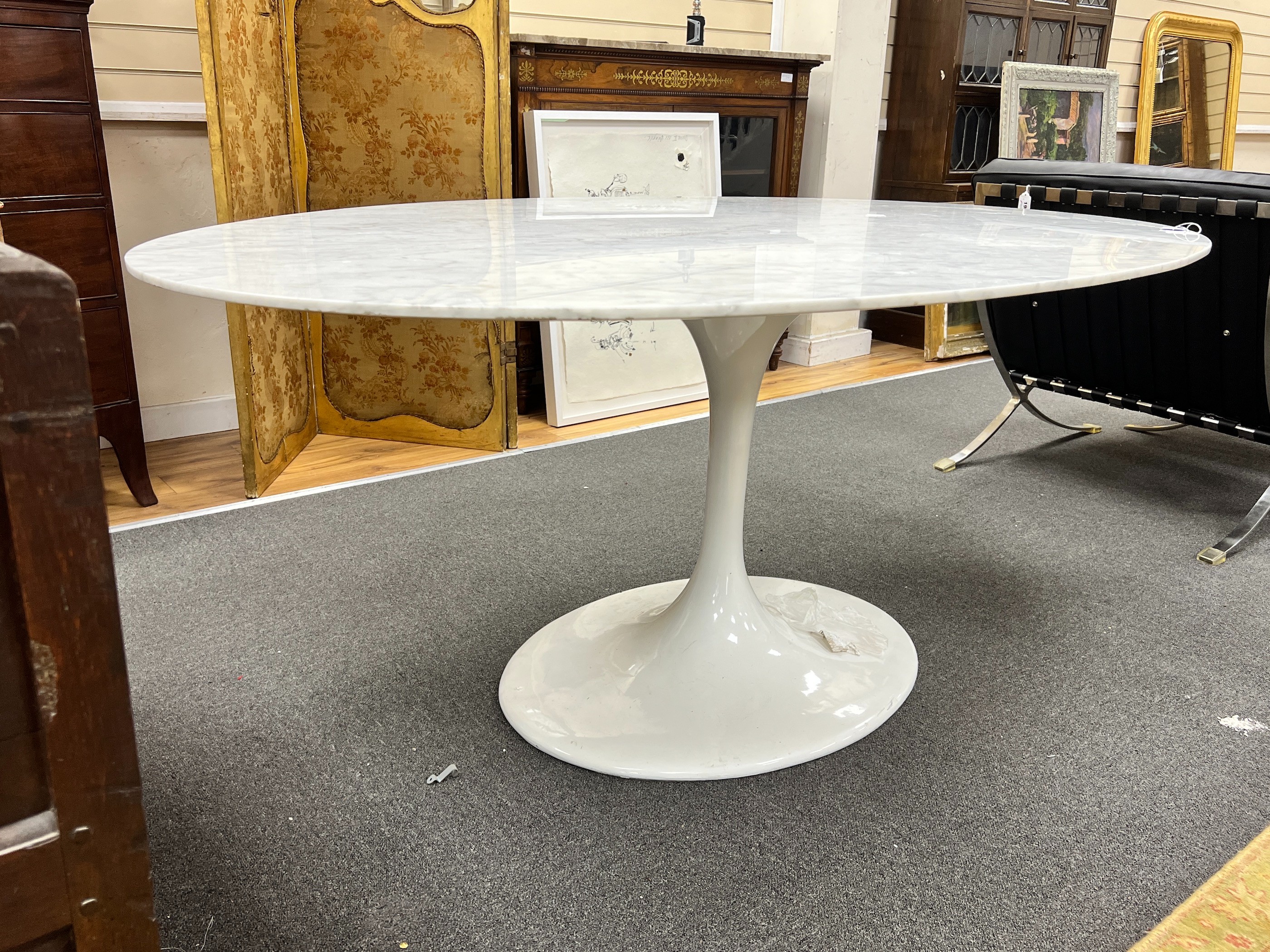 A Saarinen style white “tulip” table with oval marble top, width 171cm, depth 111cm, height 73cm